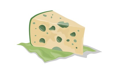 Ripe aged cheese with mold. Wedge of roquefort, gorgonzola, stilton served on green napkin. Vector cartoon, realistic icon isolated on white for farm market, dairy, factory label design.