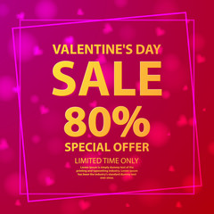 Valentine's day sale offer 80%.Shop market poster.Background pink hearts.Flyer gift vector.Holiday banner.