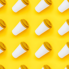 White bamboo coffee to go cup with a yellow rubber lid on a yellow background. Diagonal isometric view. Flat lay