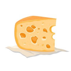 Piece of tasty yellow holed cheese made from cow, goat or sheep milk. Maasdam, emmental, swiss on napkin. Natural healthy product. Vector cartoon, realistic icon isolated on white background.