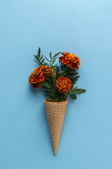Flat lay Ice Cream Cone with of marigold flowers