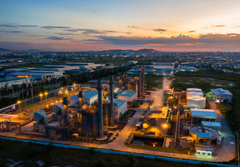 Aerial view night light oil terminal is industrial facility for storage of oil and petrochemical....