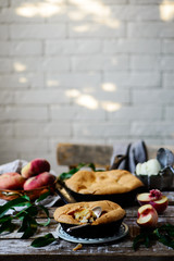 Peach pudding .Dark rustic photo