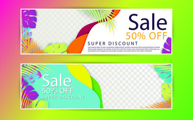 Colorful Tropical Tree Leaves Paper Art, Paper Cut Discount Banner Designs, Colorful Paper Cut Banners for Websites, Designs etc.