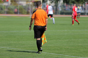 The line referee observes the situation on the football field