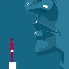 Businessman and huge face. Isolated on blue background.