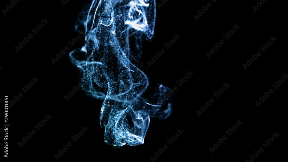 Poster 3d render blue luminous particles in a fluid stream in slow motion. the effect is similar to ink in 