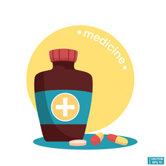 Medicine concept. Pills capsules of the brown bottle.