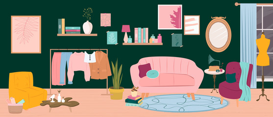 Trendy Vector Illustration of a cozy modern interior of a living room with a sofa and armchairs, decor elements, books, candles, paintings, clothes on a rail and a carpet. "Hygge" style interior. 