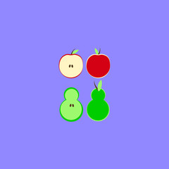 Set of Apple slices and pear slices on a blue background. icon