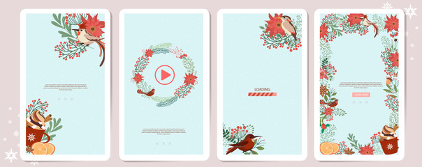 Set of Mobile App Page with Christmas plant, Christmas wreath, floral, spices and birds. Editable vector illustration.