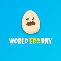 World egg day greeting card with vector funny cartoon cute smiling tiny egg character isolated on blue background. Egg day poster or banner