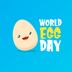 World egg day greeting card with vector funny cartoon cute smiling tiny egg character isolated on blue background. Egg day poster or banner