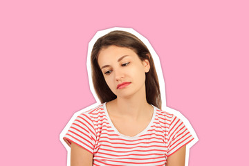portrait sad unhappy woman. emotional girl Magazine collage style with trendy color