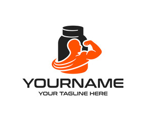 Protein powder or nutrition for bodybuilding and fitness, logo design. Sport food or eating, whey protein powder, vector design and illustration