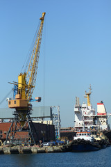 Obraz premium Industrial view of sea port warehouse, container cranes and ships. Import export, global logistics concept.