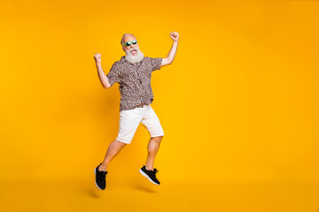 Full length photo of funny funky lucky old bearded man in green eyewear eyeglasses raise fists...