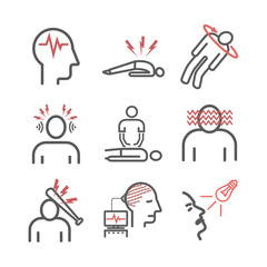 Epilepsy. Symptoms, Treatment. Line icons set. Vector signs for web graphics.