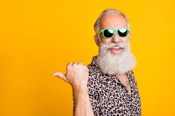 Portrait of crazy bearded old man point at copyspace reccomend promo ads feel funny funky wearing leopard shirt green eyeglasses eyewear isolated over yellow background