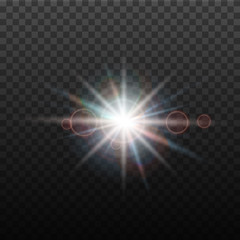 Vector lens flare effect. Round isolated transparent optical design with rays. Space star explosion. Luxury sparkling highlight, digital graphics.
