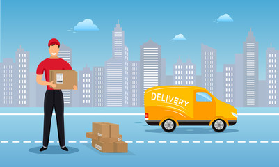 Flat vector design concept of cargo delivery service, courier man in red uniform holding parcel box and standing in front of a truck on city skyline background.
