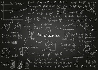 Physics formulas drawn by hand on a black chalkboard for the background. Vector illustration.