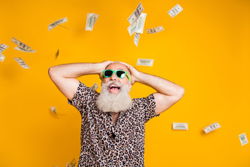 Portrait of shocked retired old bearded funny funky man in eyewear eyeglasses scream wow omg win...