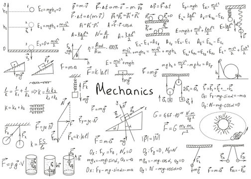 Physics formulas drawn by hand on a white chalkboard for the background. Vector illustration.