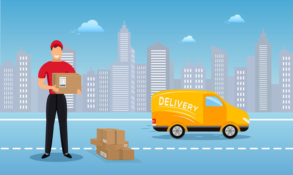 Flat vector design concept of cargo delivery service, courier man in red uniform holding parcel box and standing in front of a truck on city skyline background.