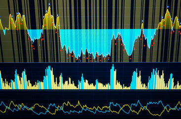 Fundamental and technical analysis concept. Market trading screen. Stock market chart, graph on...