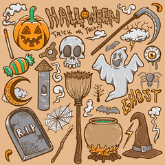 doodle halloween icon sets stock vector coloring illustration