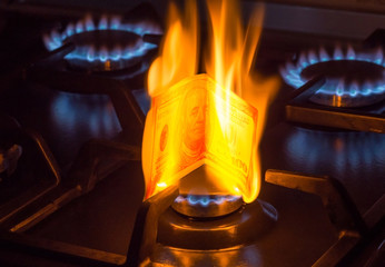 Burning bill of 100 dollars on a gas burner, expensive natural gas concept