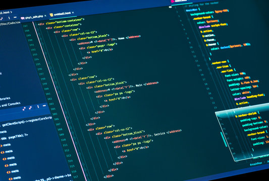 Website HTML and Css code in the editor. Web Design and Web development