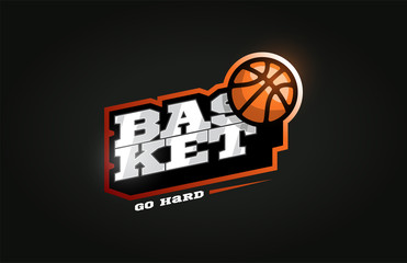 Basketball mascot Modern professional sport Typography in retro style. Vector design emblem, badge and sporty template logo design.