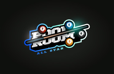 Billiard or Pool room mascot Modern professional sport Typography in retro style. Vector design emblem, badge and sporty template logo design.