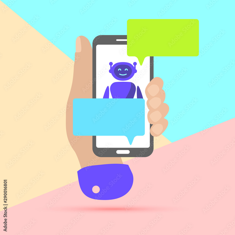 Poster hand holding mobile phone with chat robot bot message notifications on pastel colored blue and pink 