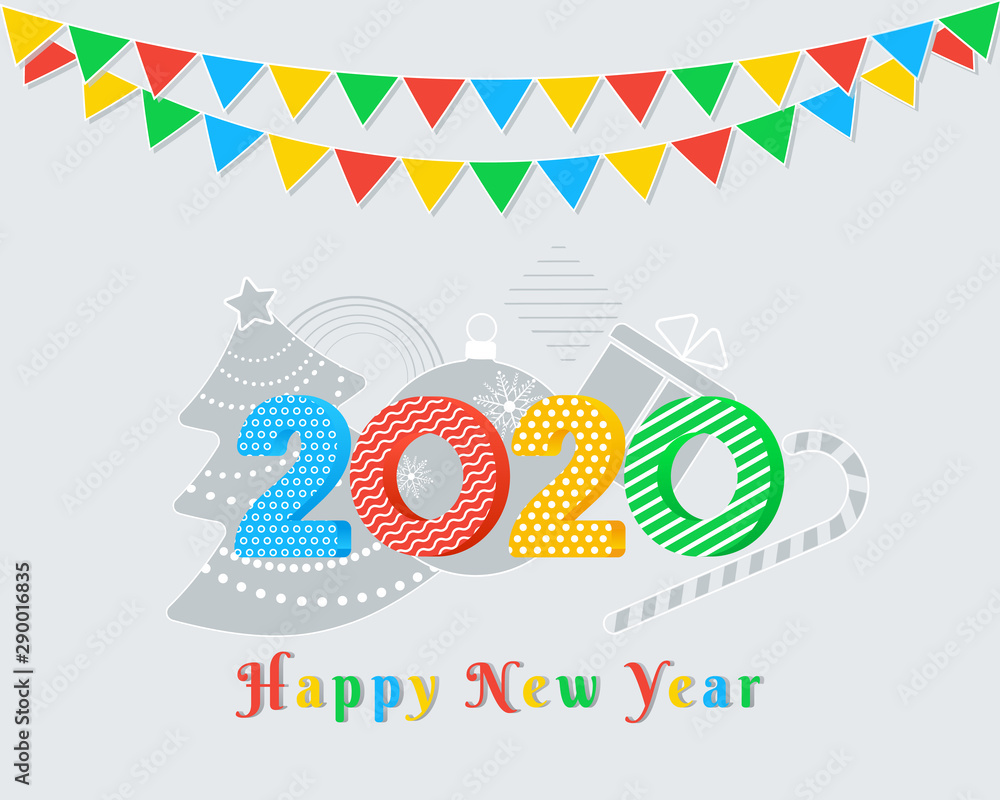 Wall mural 2020 happy new year text design with colorful numbers on grey background with party flags garland, c