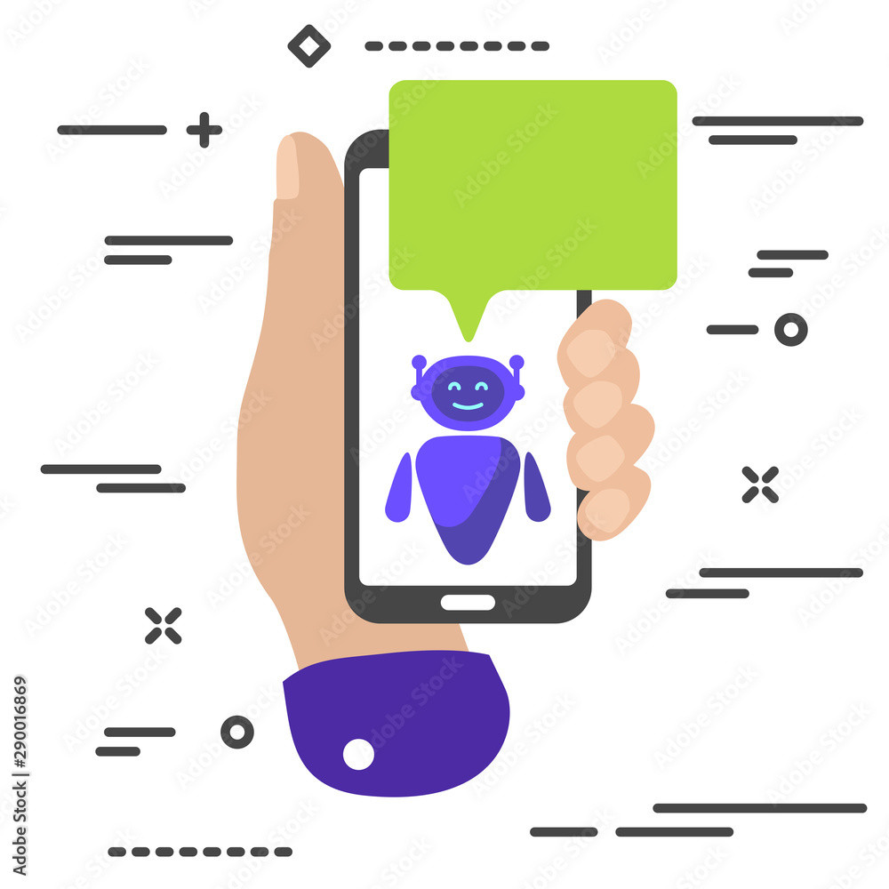 Poster flat minimal hand holding mobile phone with chat robot bot bubble frame icon on white background. bu