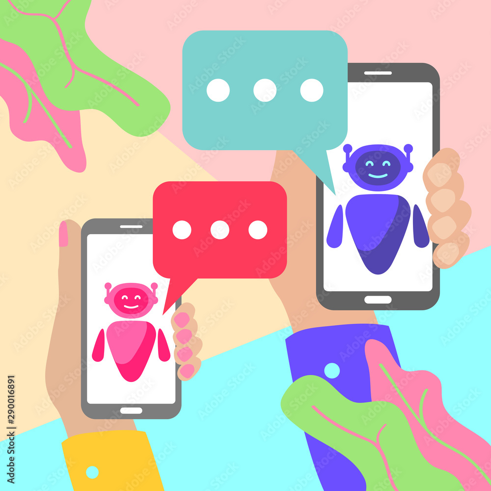 Poster minimal hands holding mobile phones with chat ai bot message notifications on pastel colored blue an