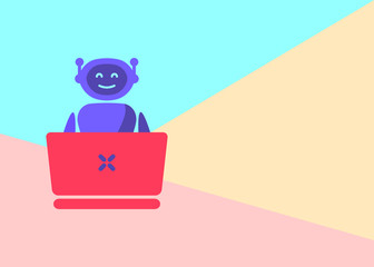 robot chat bot with laptop on pink blue colored pastel background