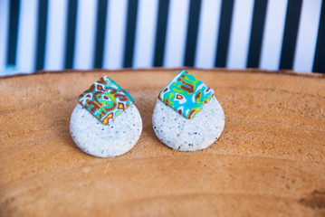 Boho style geometric earrings. Handmade jewelry of polymer clay.
