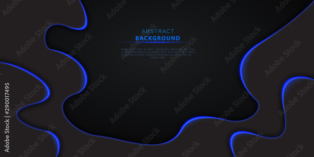 Wall mural abstract black background textured with 3d dynamic shape layers and blue neon lights. futuristic mod