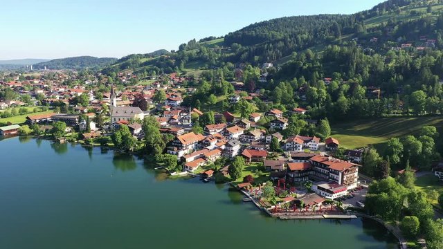 Aerial view of the town Schliersee and lake Schliersee, Bavaria
