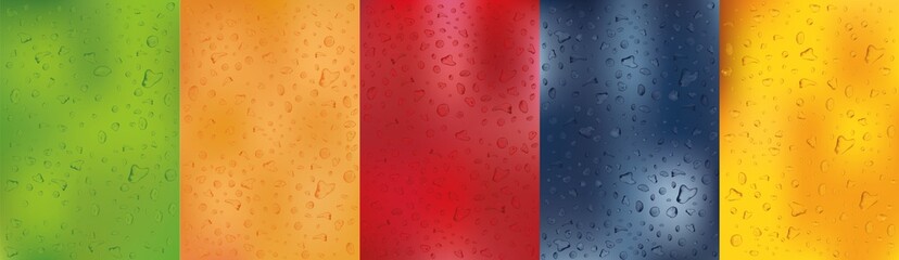 3D realistic drops. Collection drops green, orange, yellow, blue, red collors. Vector illustration.