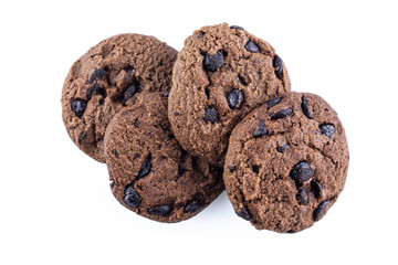 pile cookie chocolate on white background.