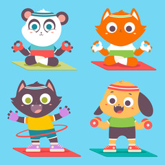 Cute animals kid doing yoga and fitness exercise. Funny cartoon characters vector set isolated on a white background.
