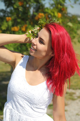 Fototapeta premium young happy girl in a white dress