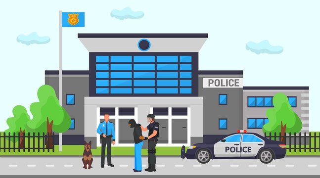 Police office station vector illustration. Two cops, dog and police car on road in front of department building. One policeman holds caught masked criminal man.