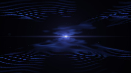 Abstract background. Techno blue imitation of sound waves on black backdrop. Light blurred blue blick is on the centre, and between the waves.