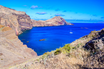 Panorama view of the wild coast and cliffs at Ponta de Sao Lourenco, Madeira island, Portugal